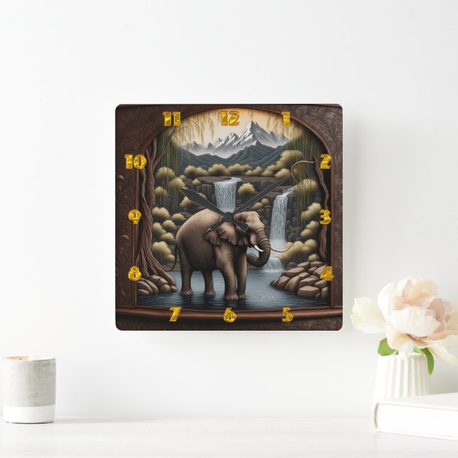 Majestic Elephant by Cascading Waterfalls at Dusk Square Wall Clock (Home)