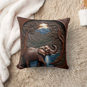 Majestic Elephant by Serene Mountain Lake Cushion