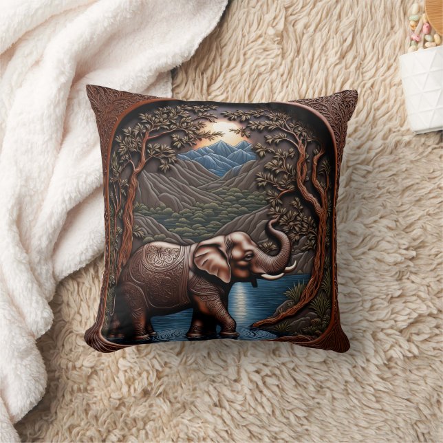 Majestic Elephant by Serene Mountain Lake Cushion (Blanket)