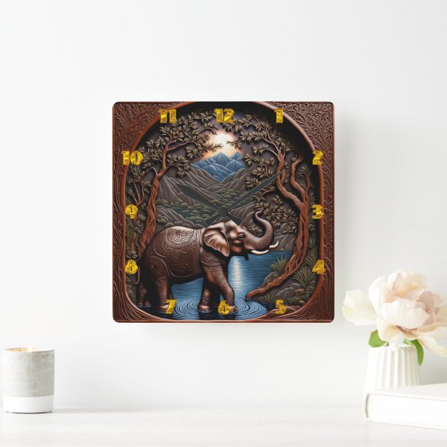 Majestic Elephant by Serene Mountain Lake Square Wall Clock (Home)