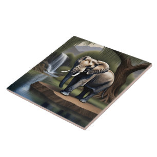 Majestic Elephant by Serene Waterfall at Dawn Ceramic Tile