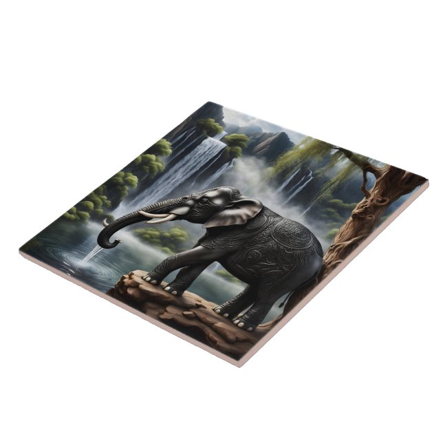 Majestic Elephant by Serene Waterfall at Dawn Ceramic Tile (Side)