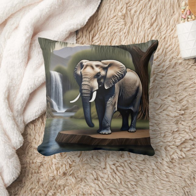 Majestic Elephant by Serene Waterfall at Dawn Cushion (Blanket)