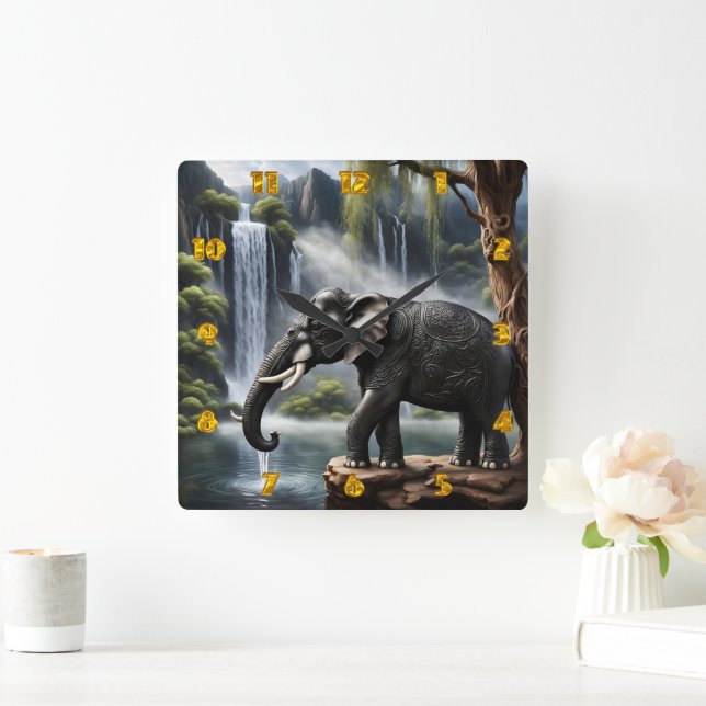 Majestic Elephant by Serene Waterfall at Dawn Square Wall Clock (Home)