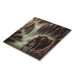 Majestic Elephant by Serene Waterfall at Dusk Ceramic Tile