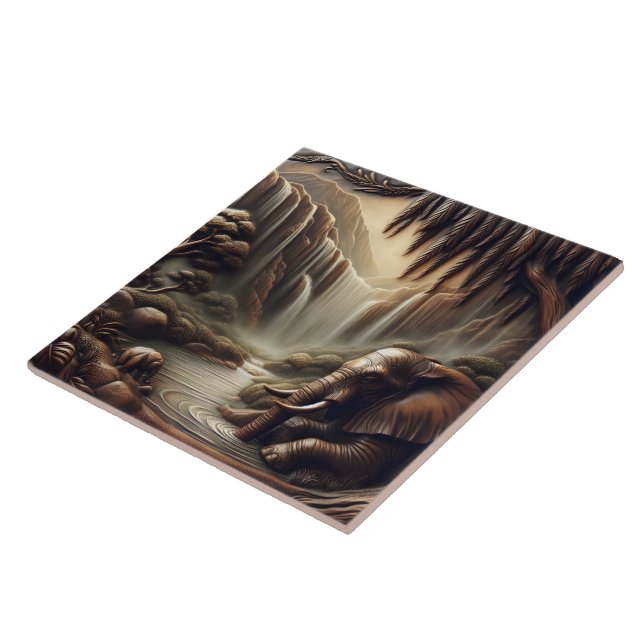 Majestic Elephant by Serene Waterfall at Dusk Ceramic Tile (Side)