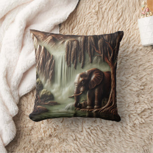 Majestic Elephant by Serene Waterfall at Dusk Cushion