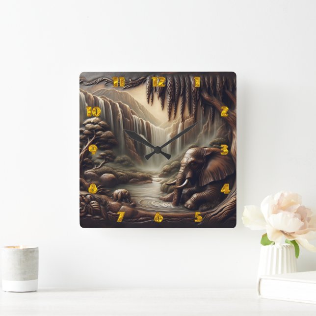 Majestic Elephant by Serene Waterfall at Dusk Square Wall Clock (Home)