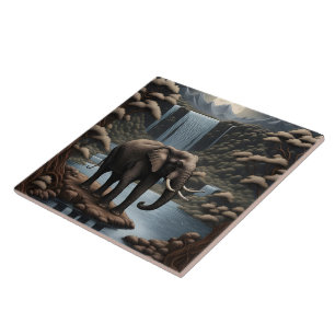 Majestic Elephant by Serene Waterfalls at Night Ceramic Tile