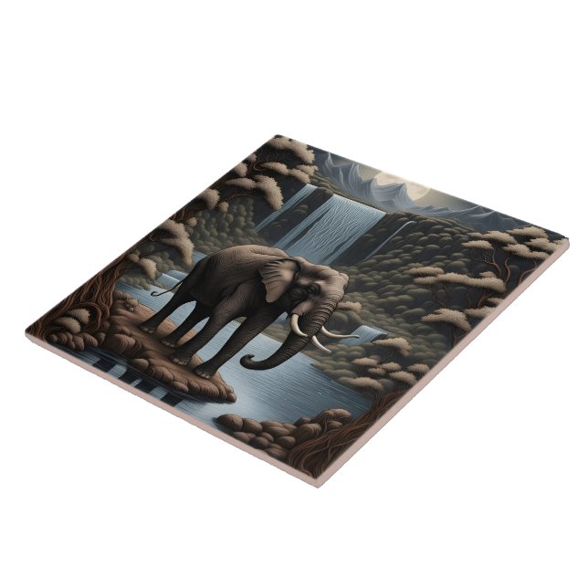 Majestic Elephant by Serene Waterfalls at Night Ceramic Tile (Side)