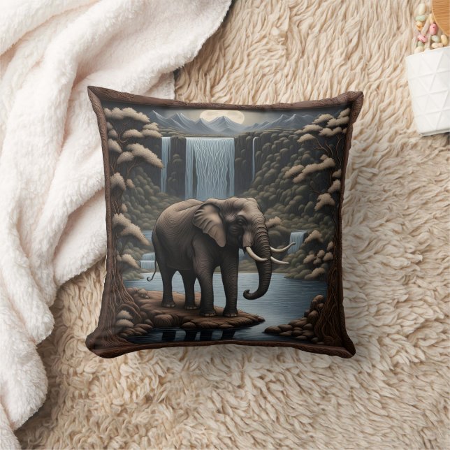 Majestic Elephant by Serene Waterfalls at Night Cushion (Blanket)