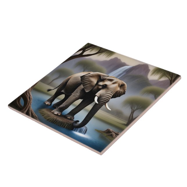 Majestic Elephant by Tranquil Waterfall at Dusk Ceramic Tile (Side)