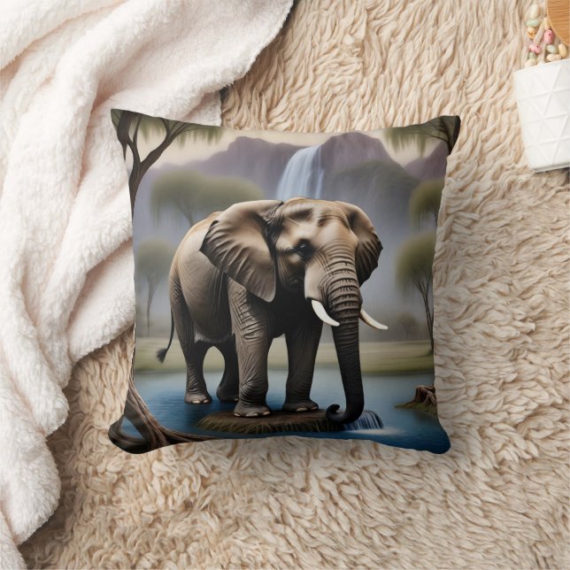 Majestic Elephant by Tranquil Waterfall at Dusk Cushion (Blanket)