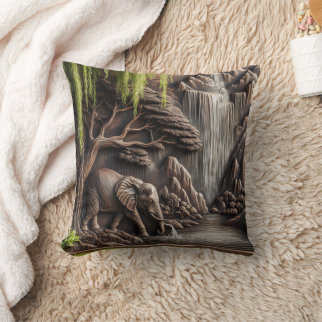 Majestic Elephant by Tranquil Waterfall Scene Cushion (Blanket)