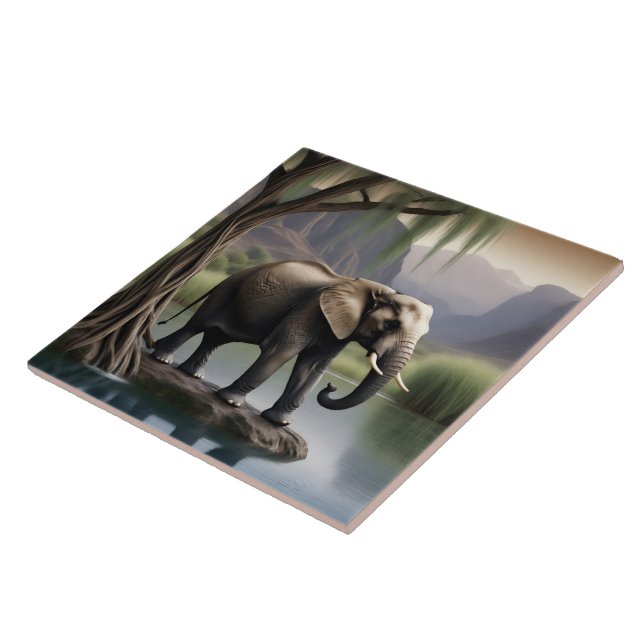 Majestic Elephant by Tranquil Waters at Dusk Ceramic Tile (Side)