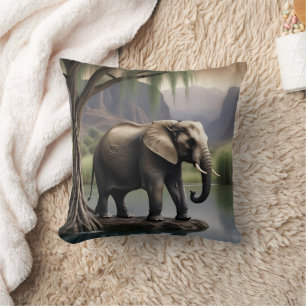 Majestic Elephant by Tranquil Waters at Dusk Cushion