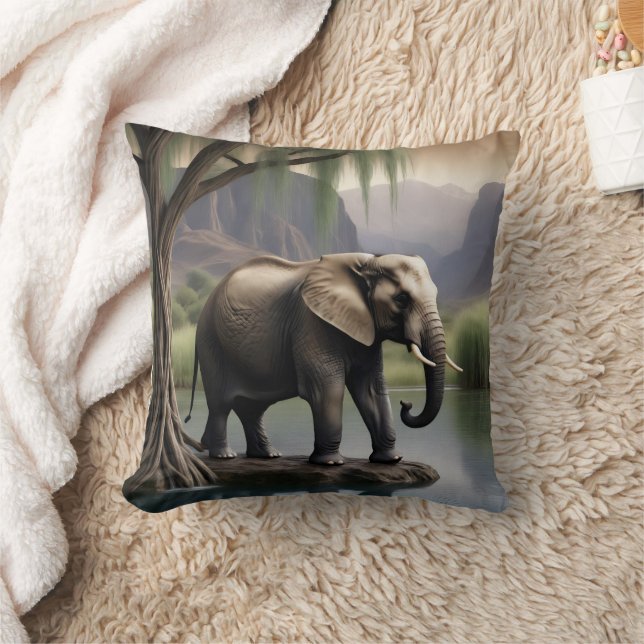 Majestic Elephant by Tranquil Waters at Dusk Cushion (Blanket)