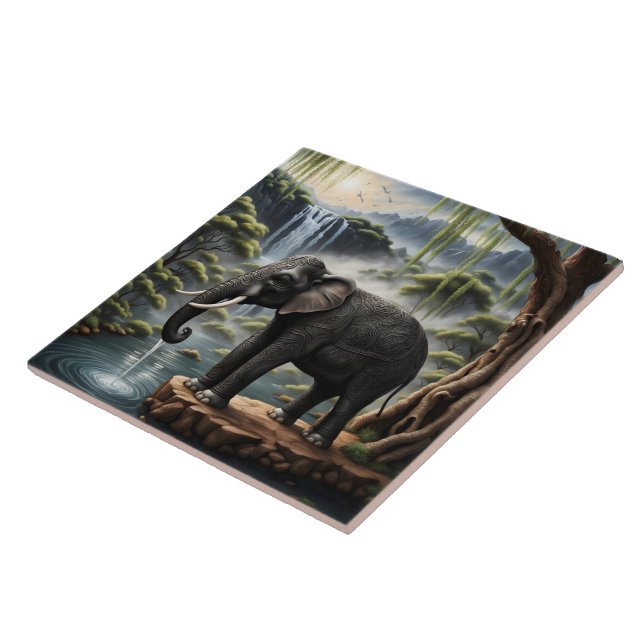 Majestic Elephant Drinking at Serene Waterfall Ceramic Tile (Side)