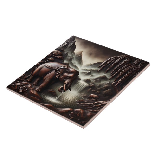 Majestic Elephant Drinking by Serene Waterfall Ceramic Tile (Side)