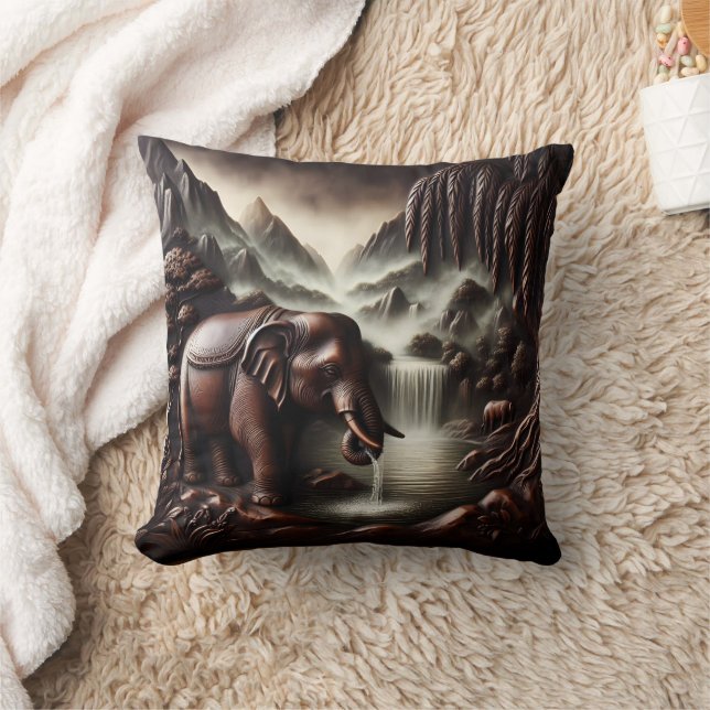 Majestic Elephant Drinking by Serene Waterfall Cushion (Blanket)
