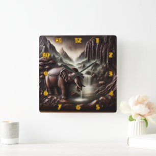Majestic Elephant Drinking by Serene Waterfall Square Wall Clock