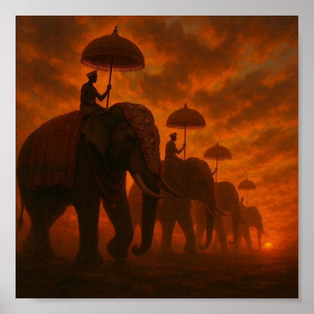 Majestic Elephant Procession - Sunset Silhouette Poster (Front)