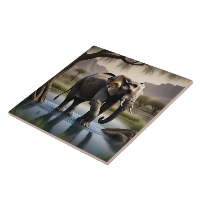 Majestic Elephant Wading in Serene Water at Dawn Ceramic Tile (Side)