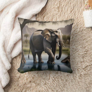 Majestic Elephant Wading in Serene Water at Dawn Cushion