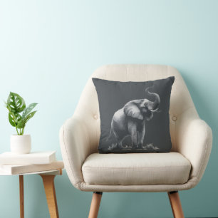 Majestic Elephant with Raised Trunk Grey Black  Cushion