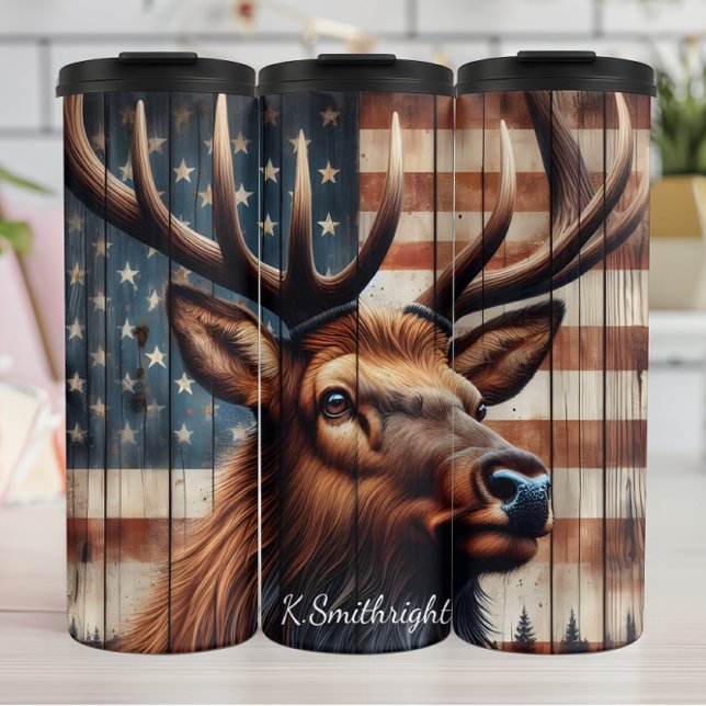 Majestic Elk American Flag Wood Thermal Tumbler (Creator Uploaded)