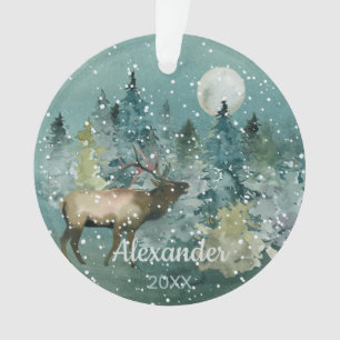 Majestic Elk Forest Full Moon Snowfall Watercolor Ornament