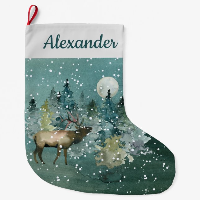 Majestic Elk in Forest Full Moon Snowfall Custom Large Christmas Stocking (Front)