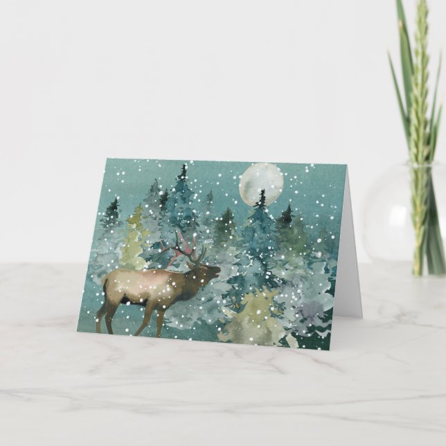 Majestic Elk in Forest Full Moon Snowfall Holiday Card (Front)