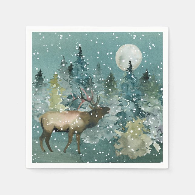 Majestic Elk in Forest Full Moon Snowfall Holiday Napkin (Front)