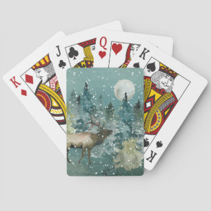 Majestic Elk in Forest Full Moon Snowfall Playing Cards