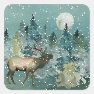 Majestic Elk in Forest Full Moon Snowfall Square Sticker