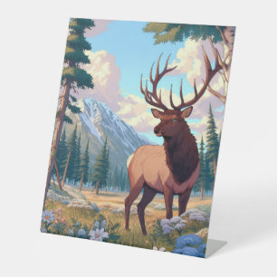 Majestic Elk in Mountain Wilderness Pedestal Sign