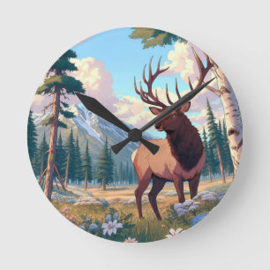 Majestic Elk in Mountain Wilderness Round Clock