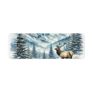 Majestic Elk Stands Amidst Snow-Covered Mountains  Return Address Label