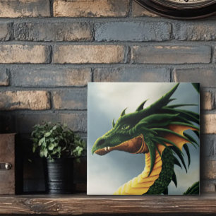Majestic Emerald Green Dragon Fantasy Ceramic Tile