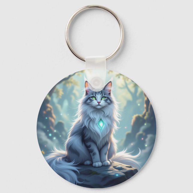 **Majestic Fantasy Cat with Mystical Aura – High F Key Ring (Front)