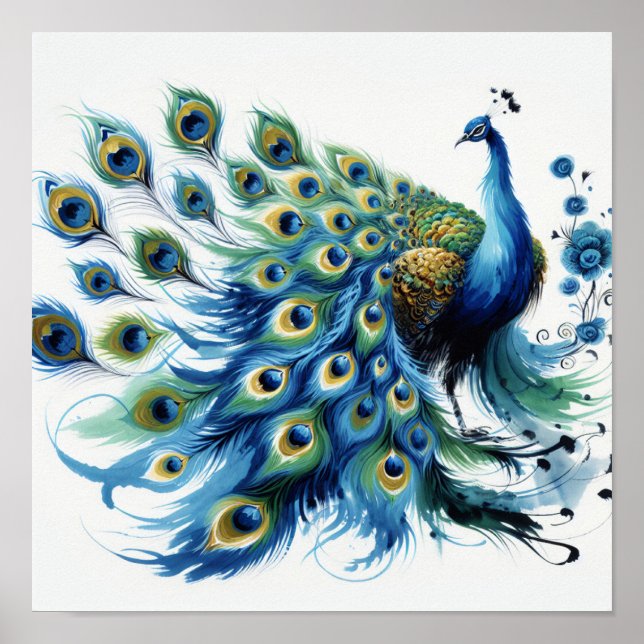 Majestic Feathers: Blue Peacock Digital Art  Poster (Front)
