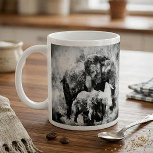 Majestic Female African Elephant with Calf B&W Coffee Mug