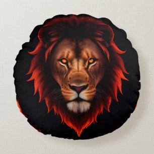Majestic Fiery Lion Portrait With Glowing Eyes Round Cushion