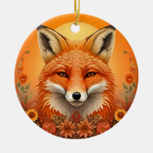 Majestic Fox Portrait Surrounded by Autumn Flowers Ceramic Ornament