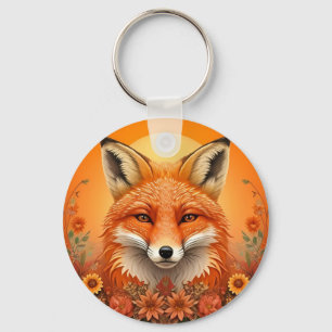 Majestic Fox Portrait Surrounded by Autumn Flowers Key Ring