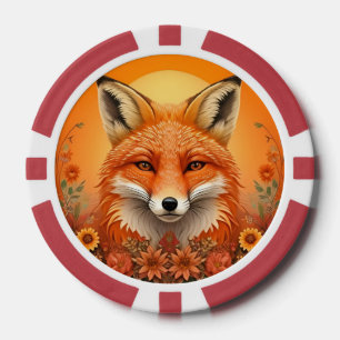 Majestic Fox Portrait Surrounded by Autumn Flowers Poker Chips