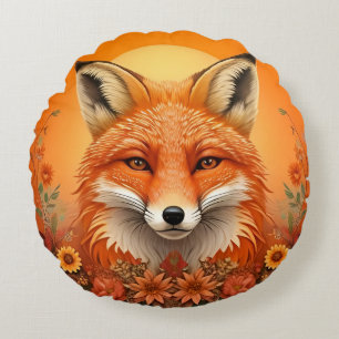 Majestic Fox Portrait Surrounded by Autumn Flowers Round Cushion