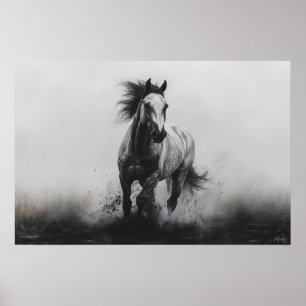 Majestic Galloping Horse in Black and White Poster