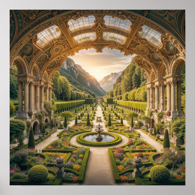 Majestic Garden at Dawn - Architectural Elegance Poster (Front)